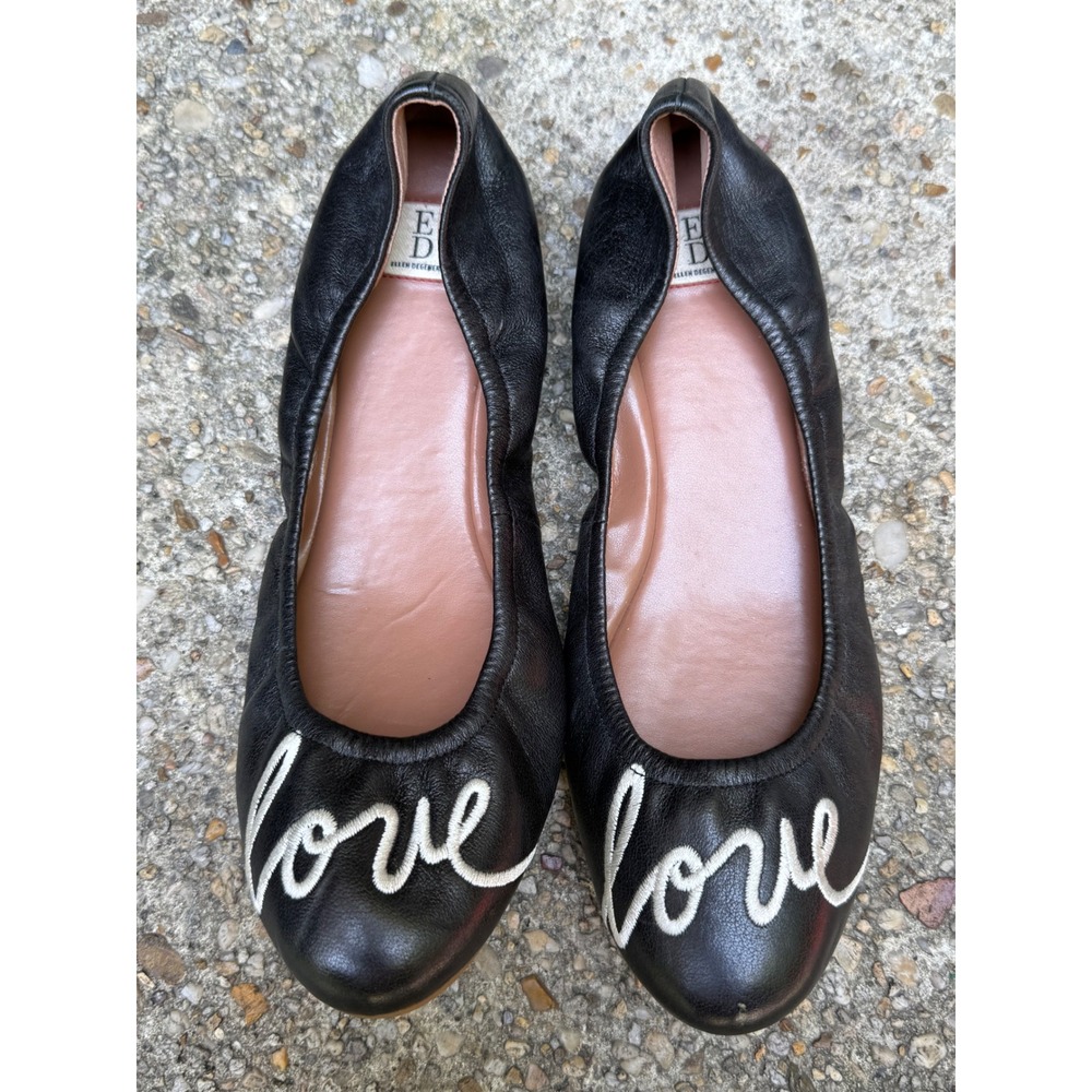 ED Ellen DeGeneres Love Ballet Flats Black Leather Embroidered Shoes Womens 11M
